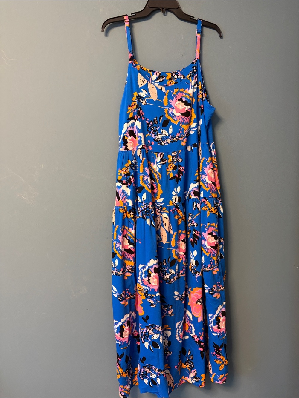 Bright Blue Floral Maxi Dress with Pink & Yellow Accents with pockets